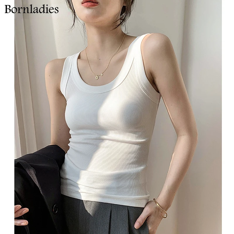 Bornladies Summer Ribbed Knitted Tank Tops Women Off Shoulder Crop Tops Basic Shirts Casual Suspender Sport Vest Slim Y2k Top