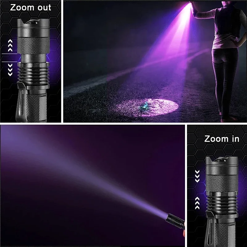 Imagem -03 - Lanterna Led Ultra Violeta Blacklight Lâmpada de Inspeção Luz da Tocha uv Zoomable Lâmpada Ultravioleta Modos 395 365 nm