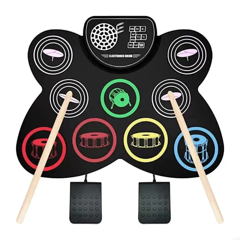 Electronic Drum Pads, 9 Pads Roll-up Practice Drum Set Built-in Speaker and Headphone Drum Sticks and Drum Pedals 157D