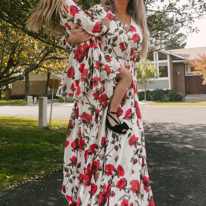 2023 Mom And Daughter Floral Long Sleeve Dress Clothes Family Look Matching Outfits Wedding Party Mommy And Me Long Dresses 5-12