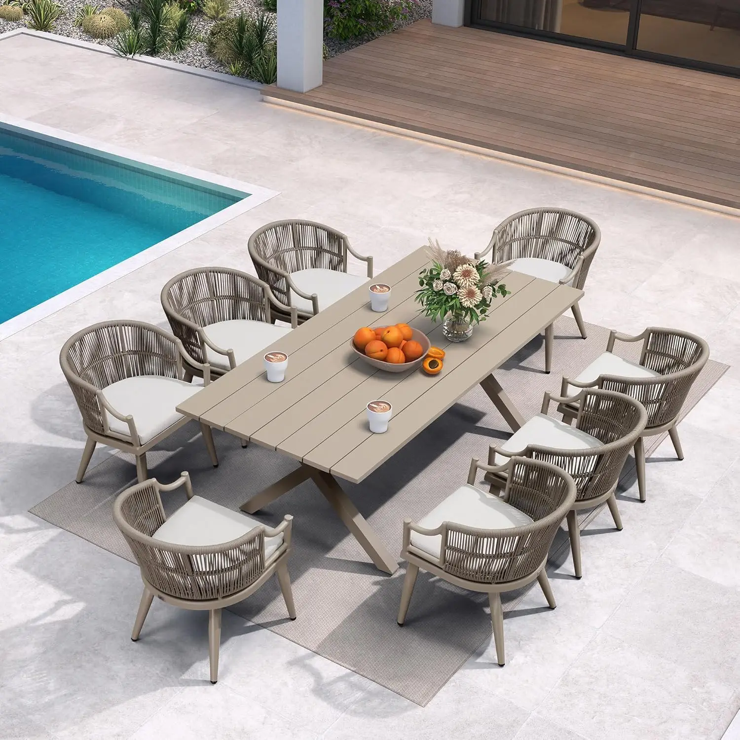 

9 Piece Patio Dining Set All Weather Wicker Aluminum Table Armrest Chairs Garden Backyard Grey, Customized