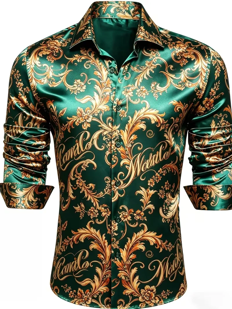 New Wine Red Base With Gold Guitar Note Print Shirt  Trendy Rock Music Style Slim Fit Long Sleeve Men's Shirt