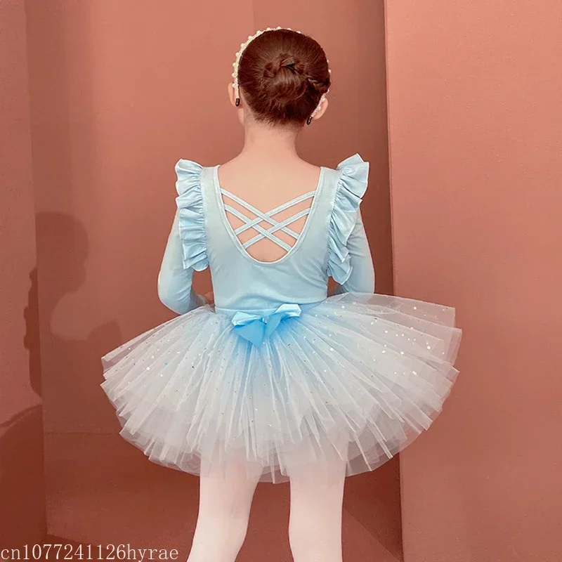 

Балетные трико с длинными рукавами для девочек с блестящей юбкой для танцев (малышей/малышей), тюлевая пачка с блестками и бантом, спортивная розовая пачка