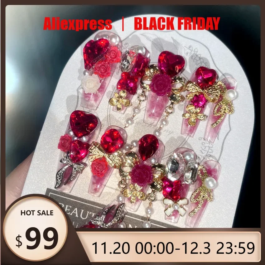 

24 шт. носимый дизайн ногтей с украшениями в форме бабочки и жемчуга в форме сердца, роскошные и элегантные искусственные ногти в китайском стиле