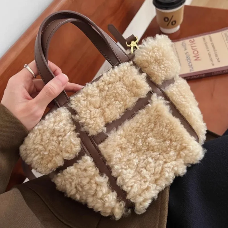 

2026 New Design Lamb Wool Handbag Casual Versatile Vegetable Basket Single Shoulder Crossbody Bag