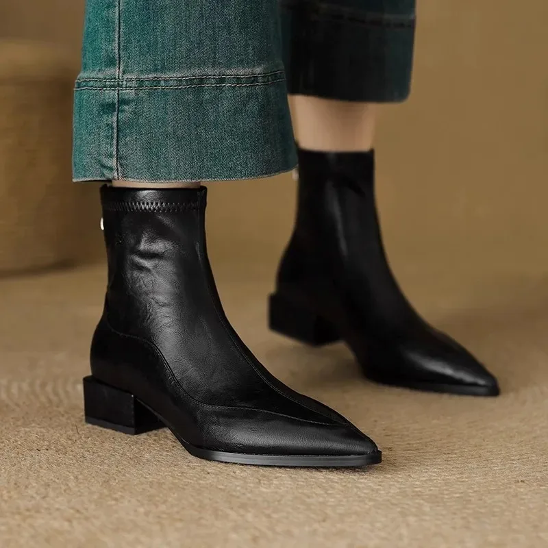 Fashion Vintage Thick Heels Women Slim Ankle Boots Autumn Winter Pointed Toe Stripper Party Short Booties Zapatos De Mujer view 3