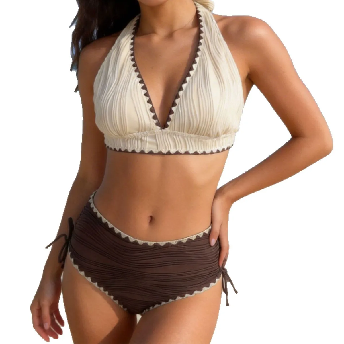 Women Color Block Halter Bikini Set Textured Swimsuit Side Tie 2 Piece High Waist Bathing Suit for Beach Pool Summer Vacation