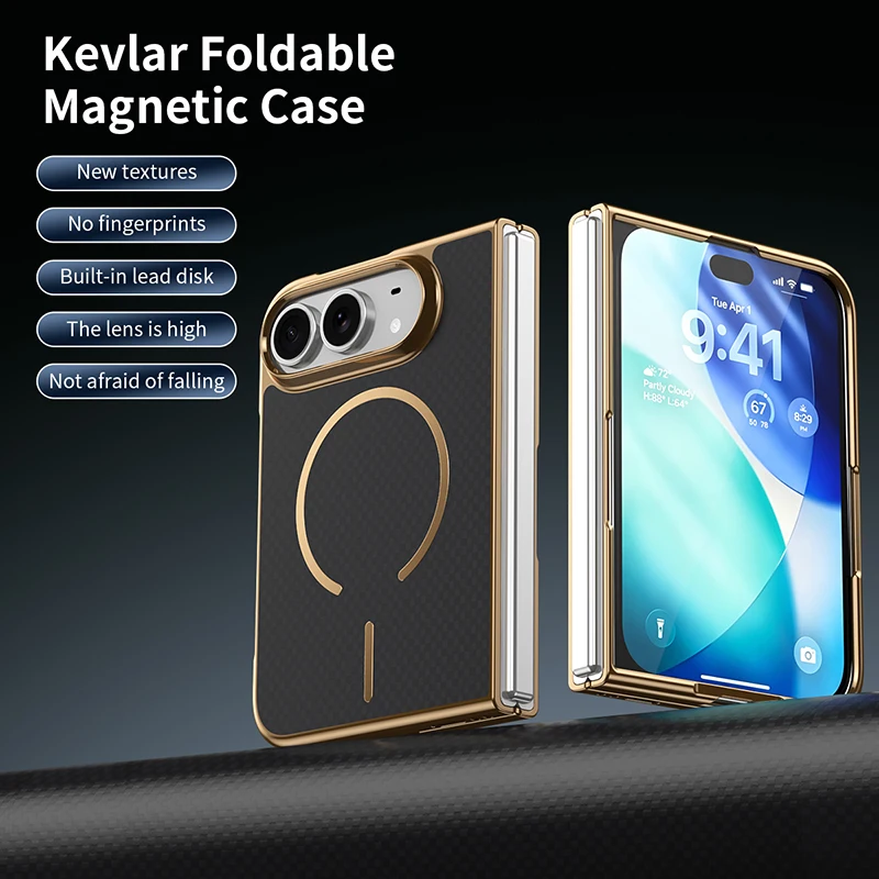 Kevlar Texture Magnetic Foldable Phone Case For iPhone Duo Fold Built-in Magnet Anti Fingerprint For Magsafe Protective Cover