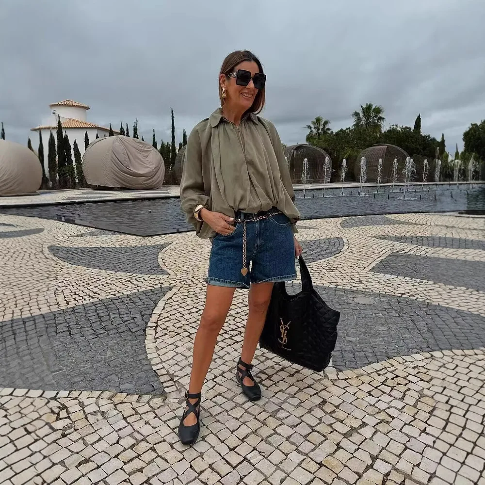 Fashion Puffy Aviator Jacket Zipper Bomber Jacket Long Sleeve Coats Spring Autumn Oversized Outerwear Design Tops Women Clothing