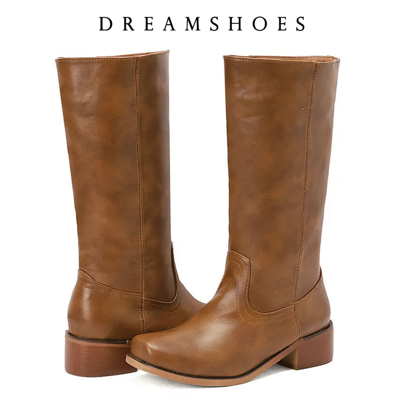 

Ретро женские сапоги из резины, размеры 35-46, сексуальные, на каблуке 4,5 см, с квадратным носком, модные высокие сапоги до колена, женские модные ковбойские сапоги