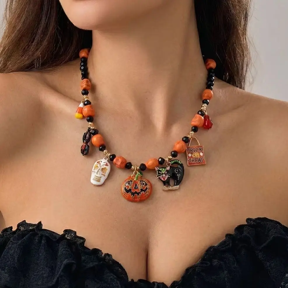 Halloween Vintage Beaded Necklace For Women Pumpkin Black Cat Skull Candy Corn Trick Or Treat Pendant Choker Party Jewelry Gift