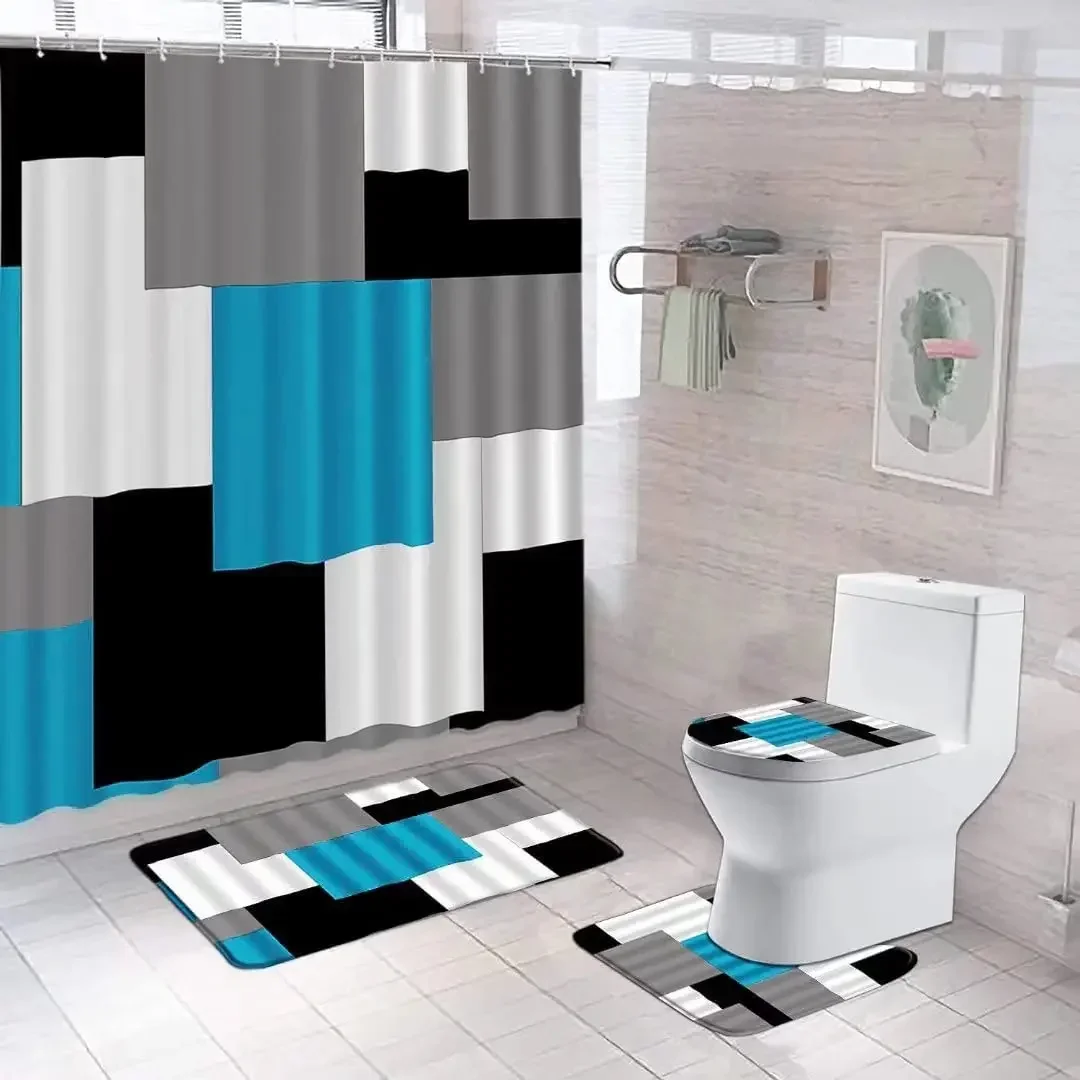 Geometric Blue Shower Curtain Set Non-Slip Rug Toilet Lid Cover Bath Mat Black Gray Bathroom Decor Waterproof