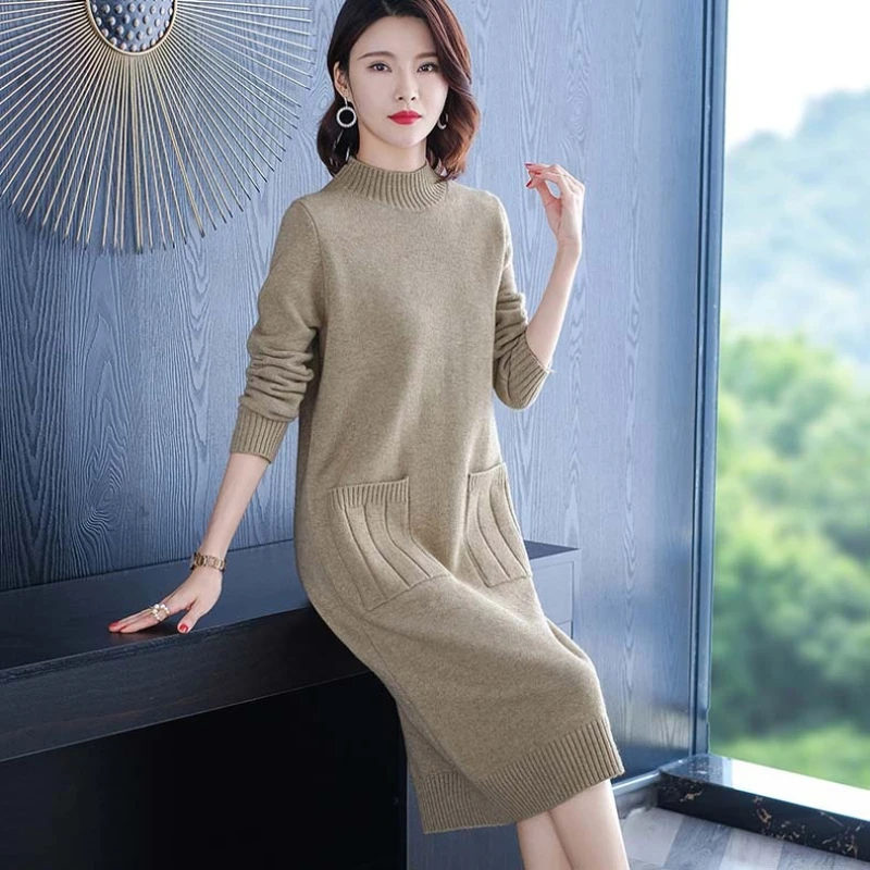 Outono inverno feminino camisola de malha vestido sólido meia gola alta manga comprida pulôver de malha solto feminino vestido de camisola de fundo
