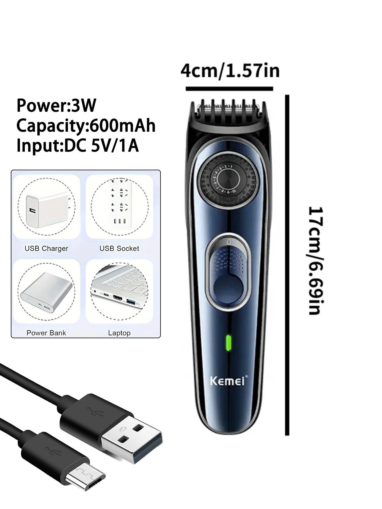 High Quality USB Barber Waterproof Cordless Hair Trimmer Kemei KM-1256 Electric Cordless Professional Hair Clippers