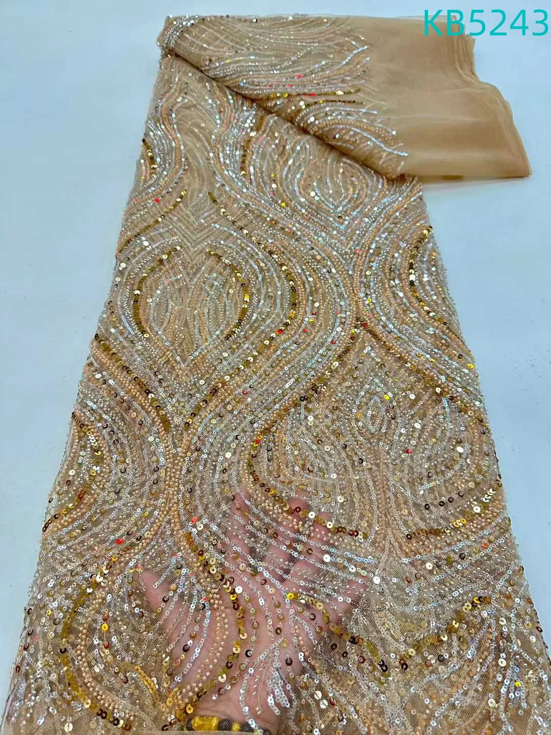 

5 ярдов Дубайская кружевная ткань, качество 2024, голубая кружевная ткань с бисером, кружевная ткань с блестками, нигерийская вышивка для шитья KB5243