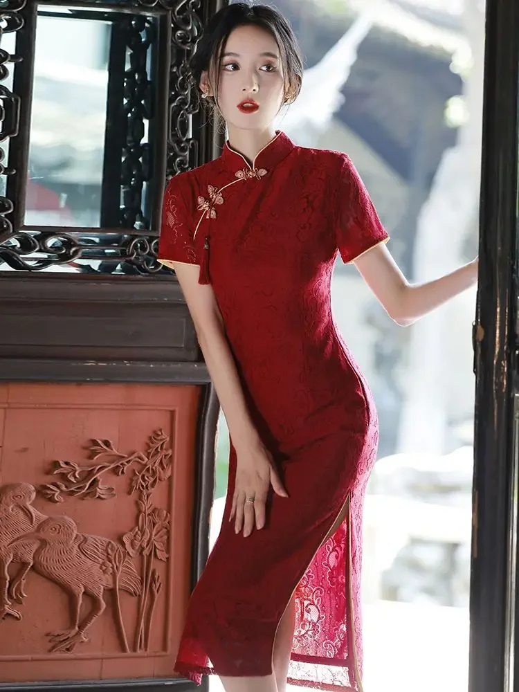

Бордовое кружевное платье Cheongsam для тостов, летнее элитное китайское свадебное платье для невесты, женское платье