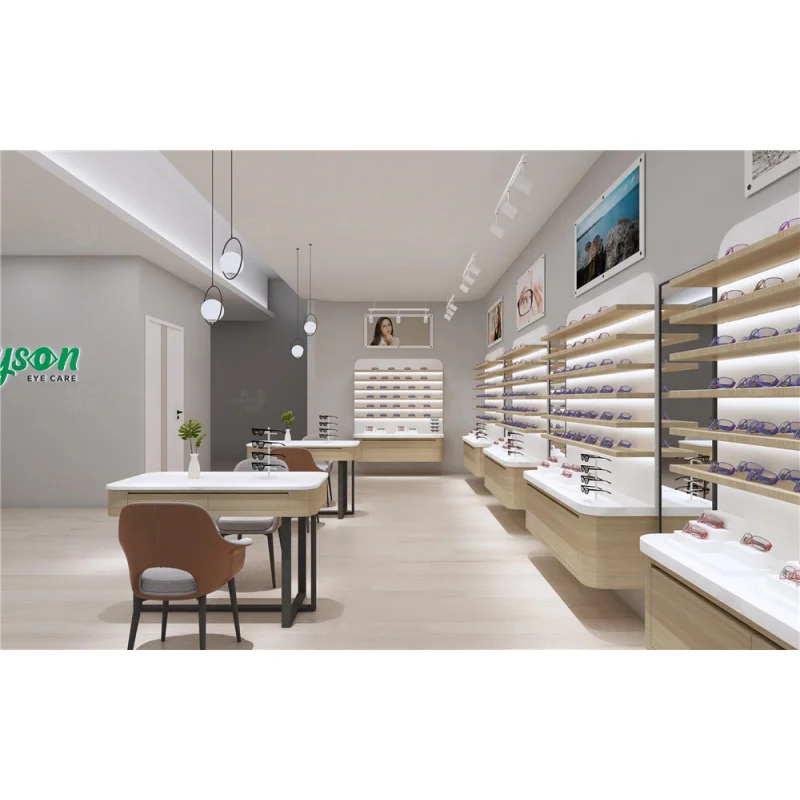 Eyewea-gafas de sol de madera personalizadas, iluminación LED, muebles de exhibición de tienda, estante de exhibición óptico de madera montado en la pared