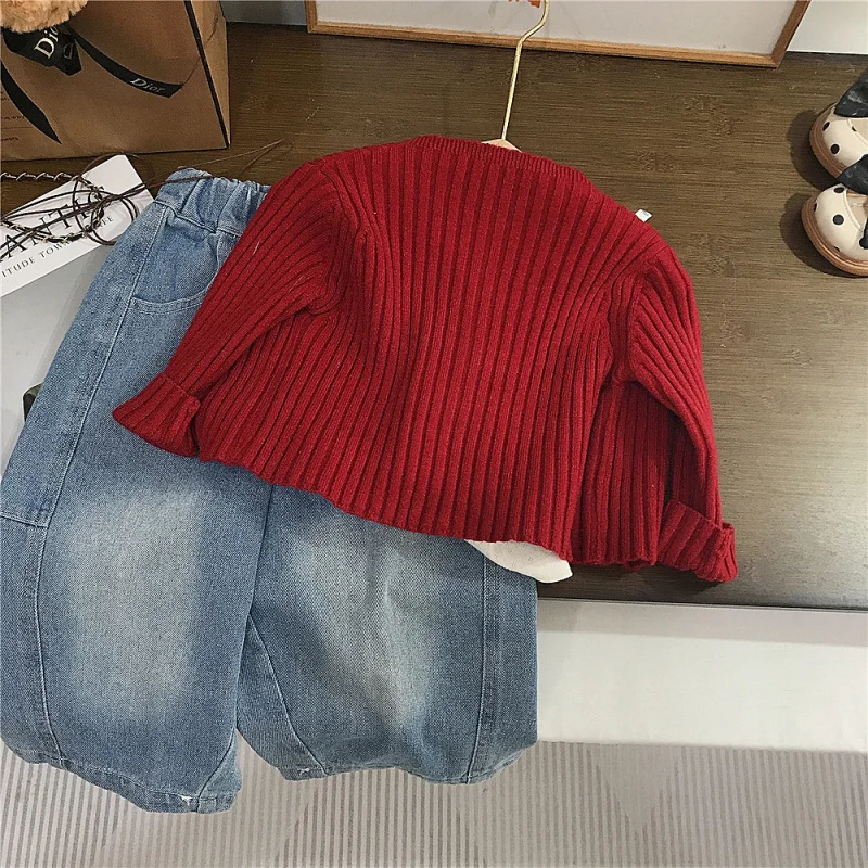 

Children's Stylish Sweet Cardigan New Autumn Red Elegant Long Sleeve Knitted Jacket for Girls