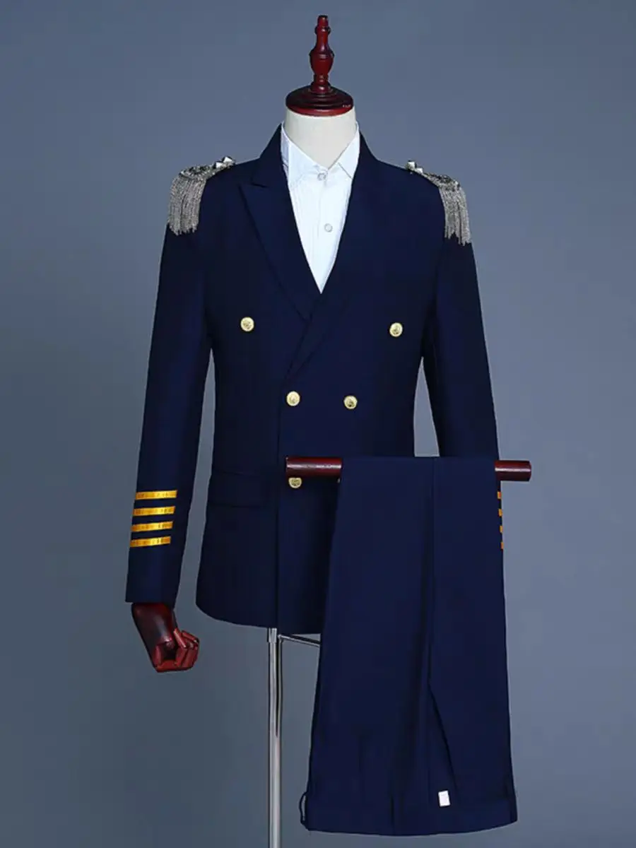 ชุดสูทผู้ชายสไตล์ทหาร พร้อมพู่ประดับไหล่ แบบกระดุมสองแถว สำหรับงานปาร์ตี้ การแสดงบนเวที พิธีกร ดีเจ