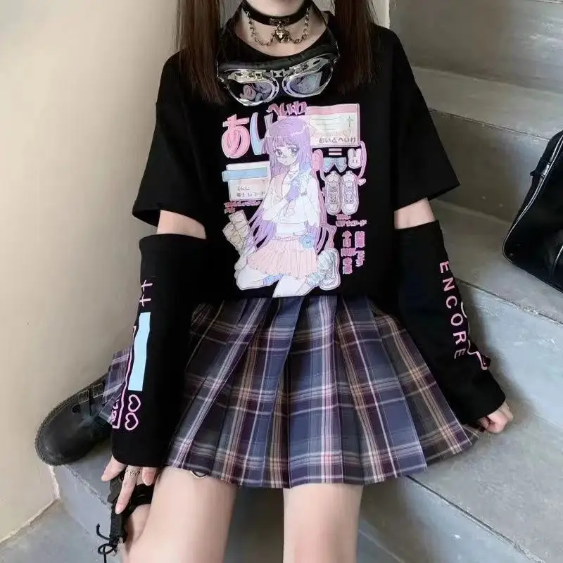 Japanese Streetwear E Girl Anime Tshirt Clothes With Arm Cover Graphic Top Harajuku Kawaii Summer Tops For Women 2024 T Shirt