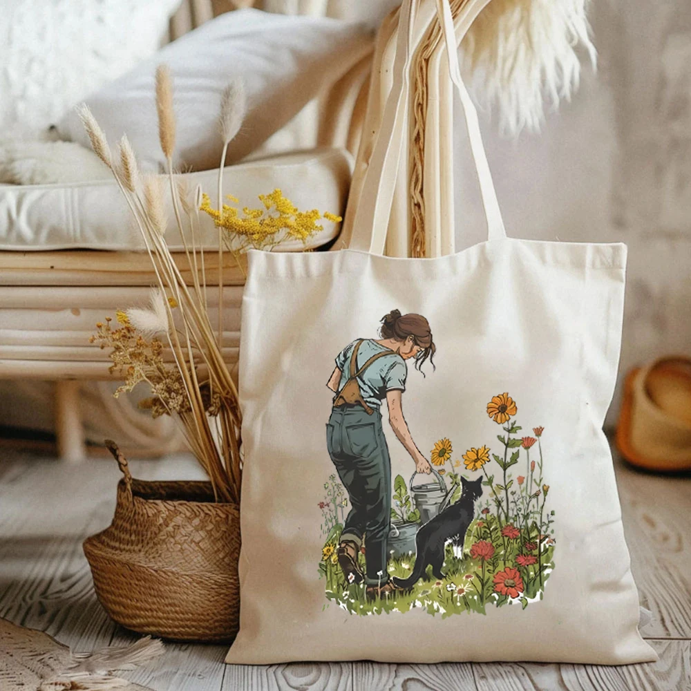 Gardening and Cat Tote Bag Wildflower Sunflower Women's Elegant Large Handbag  Large Capacity Female Shoulder Bag Cat Lover Gift