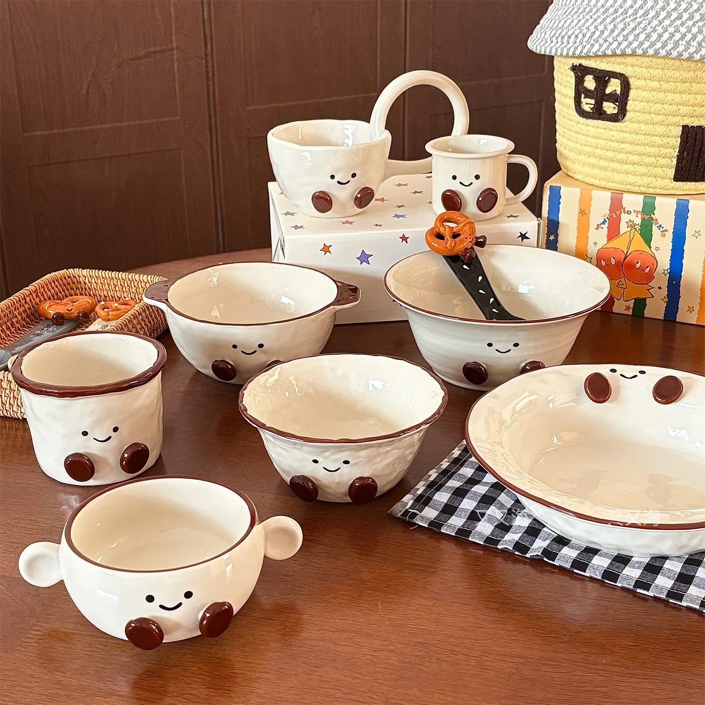 

Adorable a Bean Underglaze Cerc Bowl Plate Mug Set High Aesthetic Value Ins Sle Dinnerware Set for Everyone