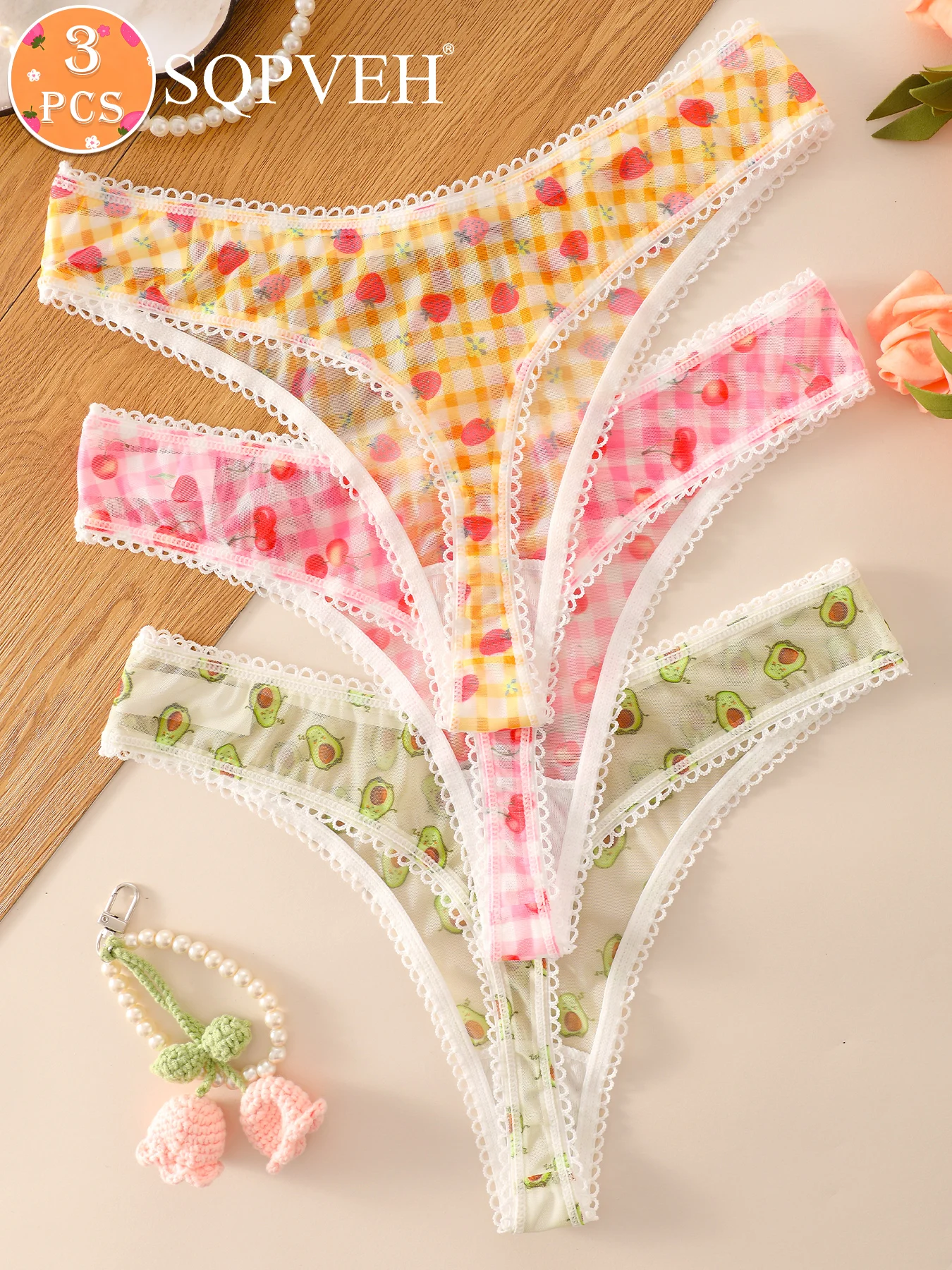 3-teiliges Set Früchte-Print Mesh-Tangas für Damen Spitzenbesatz Transparente Slips Niedliche Sexy Avocado Erdbeere Kirsche Unterwäsche