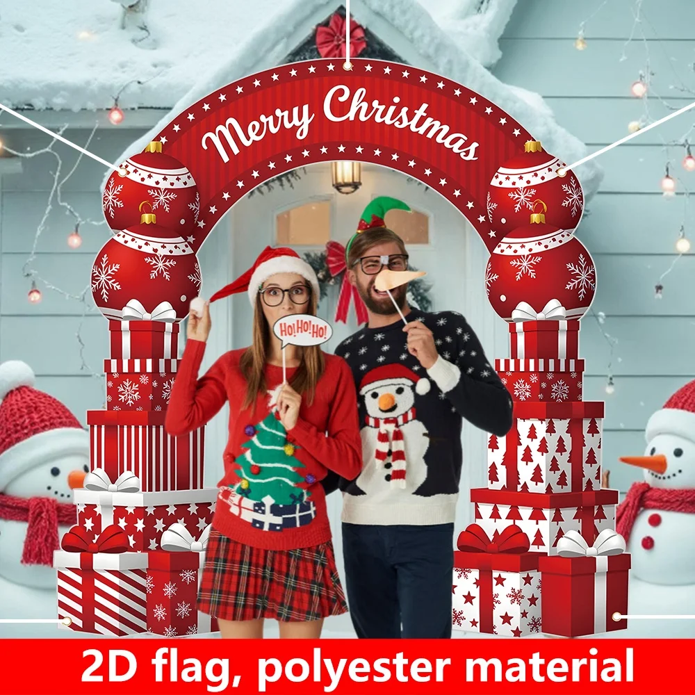 

1pc Extra Large Red & White Christmas Arch Party Photo Booth Props, Xmas Decoration Banner With Snowman, Merry Christmas Banner