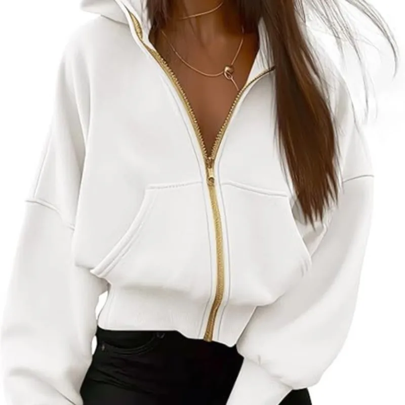 Autumn Winter New Women's Zipper Hooded Long Sleeved Short Sportswear Wool Hooded Jacket Fashionable Pocket Coat Vestes Femmes