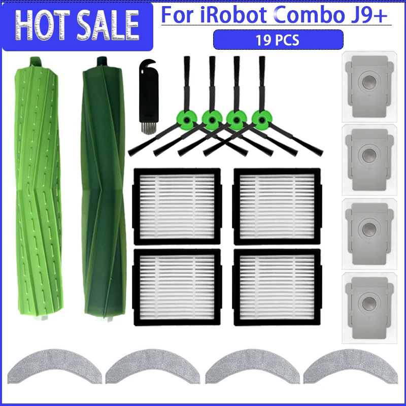 يصلح ل (iRobot Roomba COMBO J7 + / COMBO J9 + / COMBO 10 Max) أجزاء المكنسة الرئيسية الأسطوانة الجانبية فرشاة فلتر Hepa ممسحة القماش كيس لجميع الغبار #1