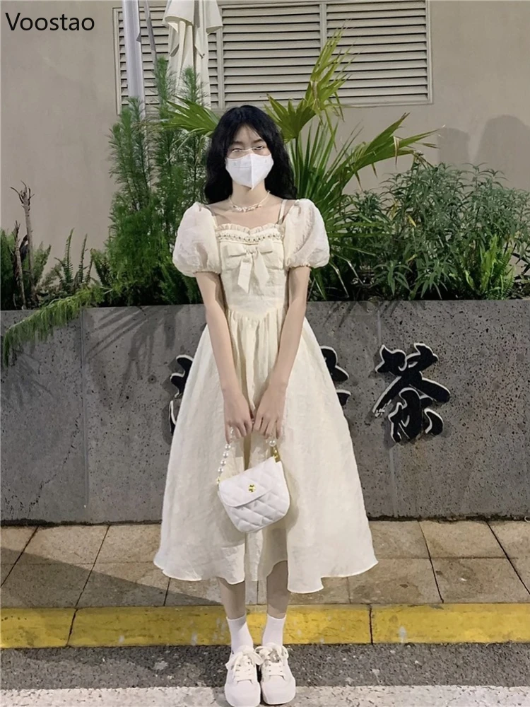 Summer Sweet Lolita Style Princess Dress Women Elegant Square Collar Bow Puff Sleeve Midi Dresses Female Casual Vacation Vestido
