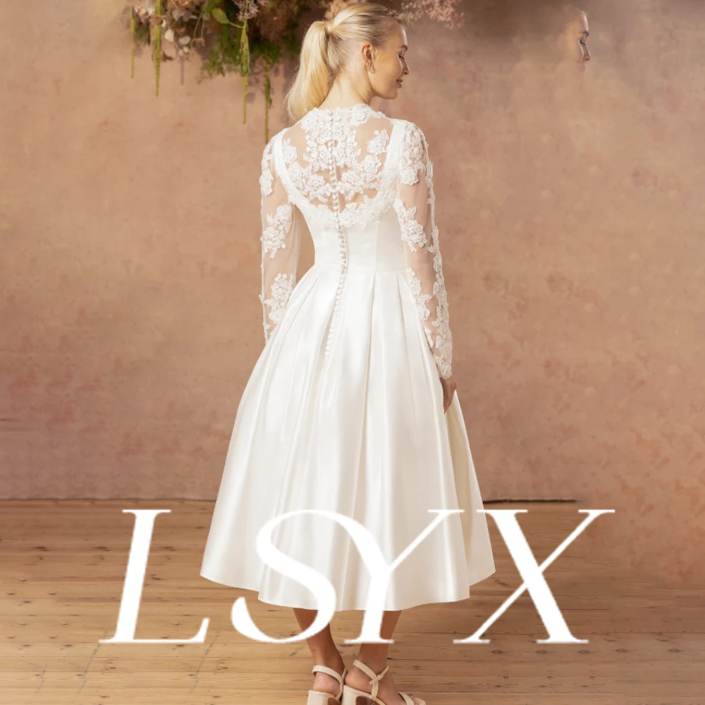 LSYX Customized Wedding Dress High Neck Long Lace Sleeve Midi Satin Skirt Back Button Pockets A Line Elegant Stylish Unique
