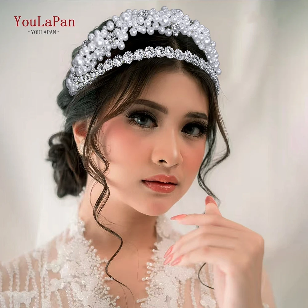 

YouLaPan Luxury And Elegant Bridal Double-layer Head Hoop Pearl Rhinestone Headpiece for Women Pageant Prom Hair Jewelry HP939