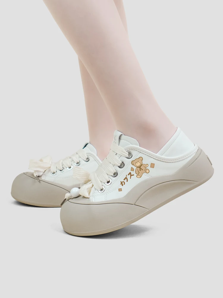 Lolita Cute Big Head Kawaii Board Shoes Girl Spring/summer Thick Sole Student Versatile Leather Top White Shoes