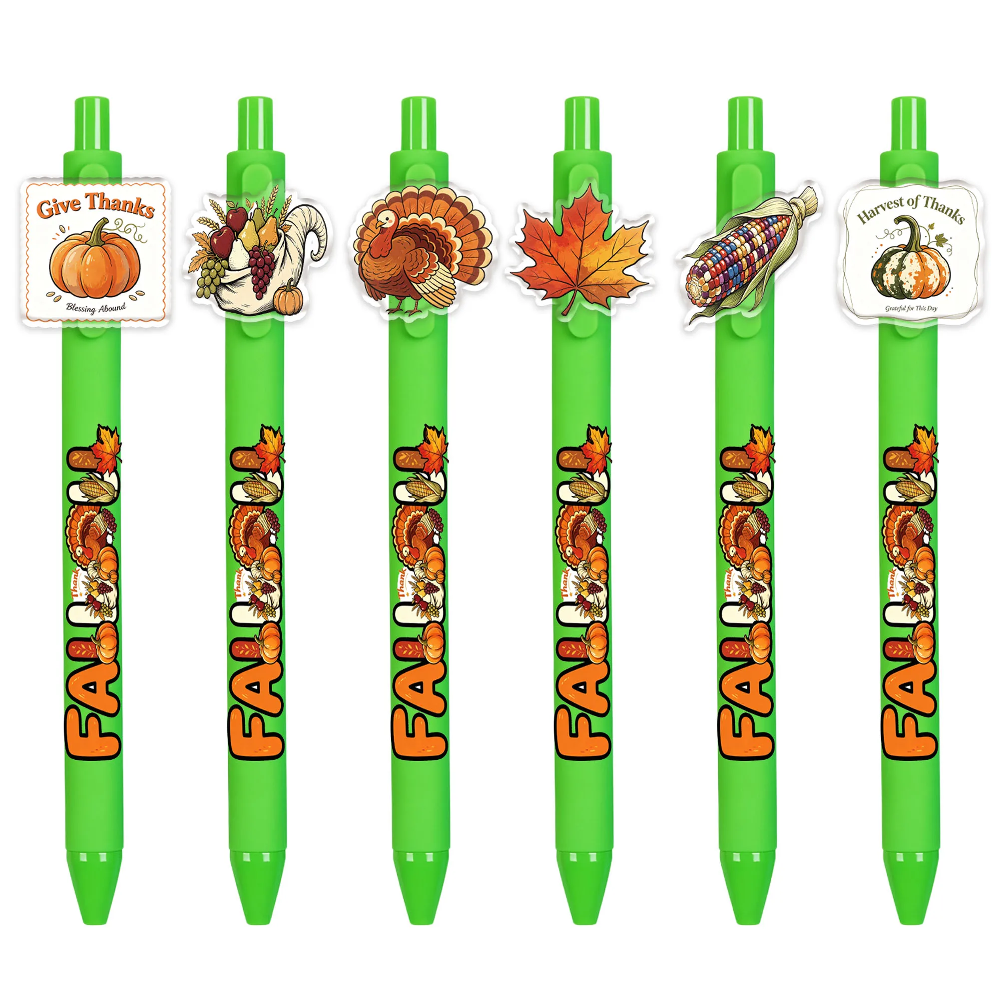 6/12 PCS Green-themed Thanksgiving Ballpoint Pens - Treasure the Year-Round Warmth and Gratitude. Patterns are Random.