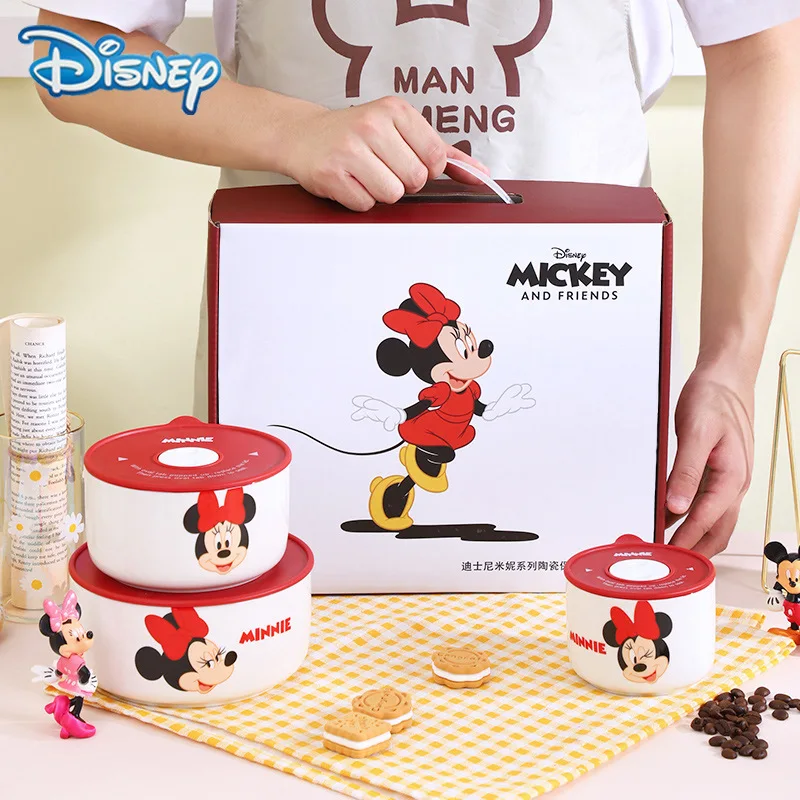 2024 New Disney Anime Mickey Mouse Minnie Mouse Cartoon Tableware Ceramic Bowl With Lid Microwave Oven Soup Bowl 3pcs Gift Box