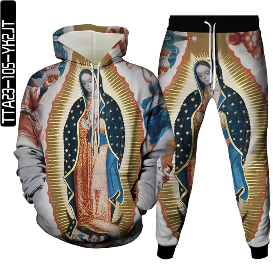 Our Lady Of Guadalupe Virgin Mary Vintage 3D Print Clothes Sets Men Hoodies+Trousers 2Pcs Women Casual Tracksuit Plus Size S-6XL