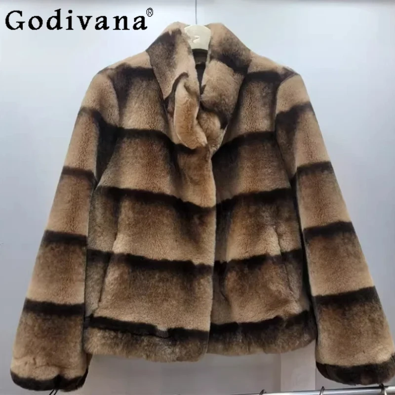 

Autumn Winter New Year Women Loose Fashion Stand-up Collar Faux Fur Tops Korean Versatile Long Sleeve Elegant Retro Short Coat