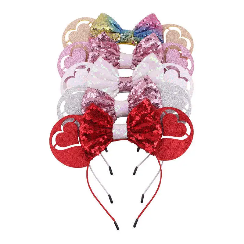 Cute Disney Mickey Mouse Ears Headband Women Hair Accessories Valentines Day Headbands for Kids Girls Sequins Love Bow Hairbands