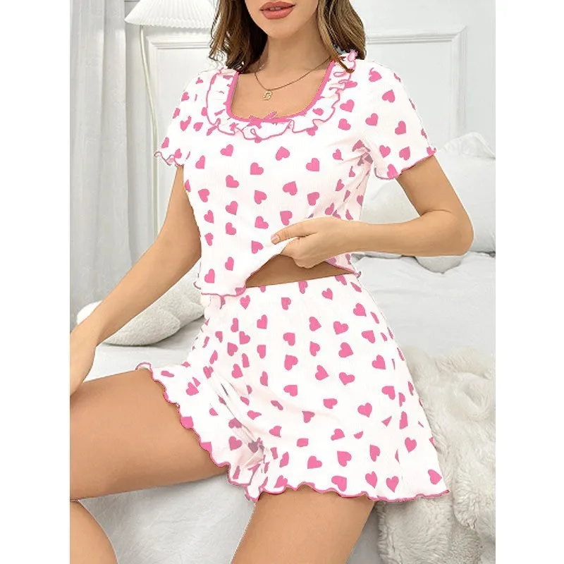 New European and American style fungus edge love printing pajamas women's suit sweet square neck short-sleeved shorts home
