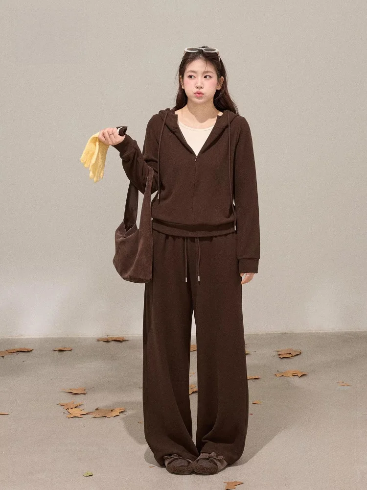 

Зимняя повседневная толстовка с капюшоном и брюками размера плюс, кофейного цвета, комплект для женщин больших размеров, корейские длинные брюки с высокой талией