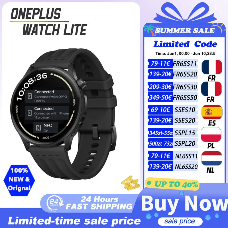 Première mondiale OnePlus Watch Lite Smart Watch Version mondiale jusqu'à 10 jours d'autonomie de la batterie GPS double bande Écran AMOLED 1,46''