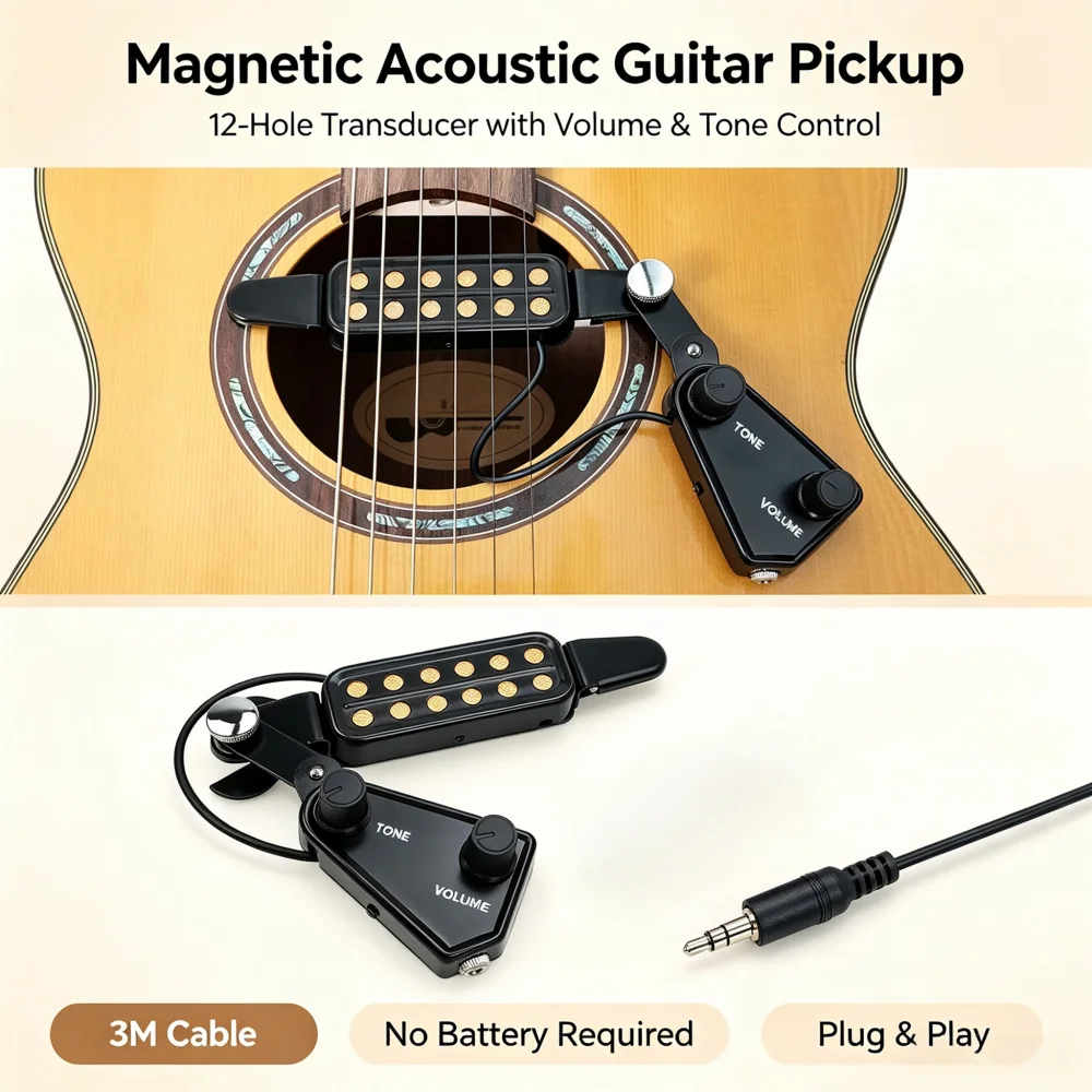 12‑Hole Magnetic Sound‑Hole Guitar Pickup, Clip‑on Transducer for Acoustic Folk Guitar Performance,  6.35mm Audio Jack Cable ﻿