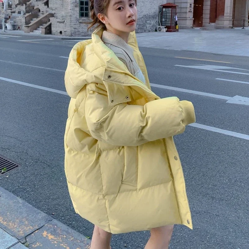 المرأة شتاء دافئ سميكة القطن وسادة مبطنة 2025 الكورية نمط فضفاض مقنعين سترة معطف طويل مع تصميم الخبز #3