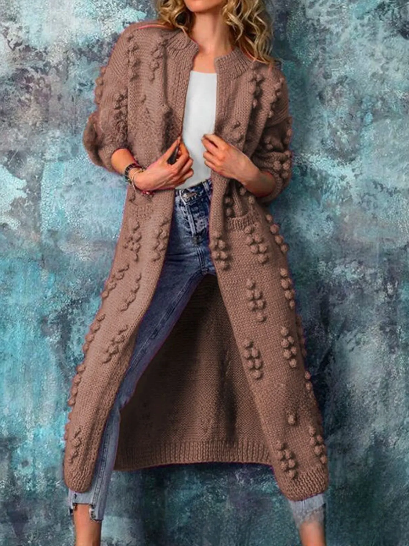 Kardigan Wanita Musim Gugur 2025 Kasual Warna Solid Lengan Panjang Terbuka di Depan Rajutan Rib Harian Regular Fit Kardigan Panjang