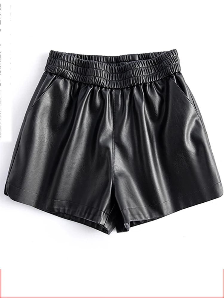 New 2024 Real Leather Shorts for Women Wide Leg Short Women Genuine Sheepskin Leather Pants High Waist Black Shorts Ropa Mujer