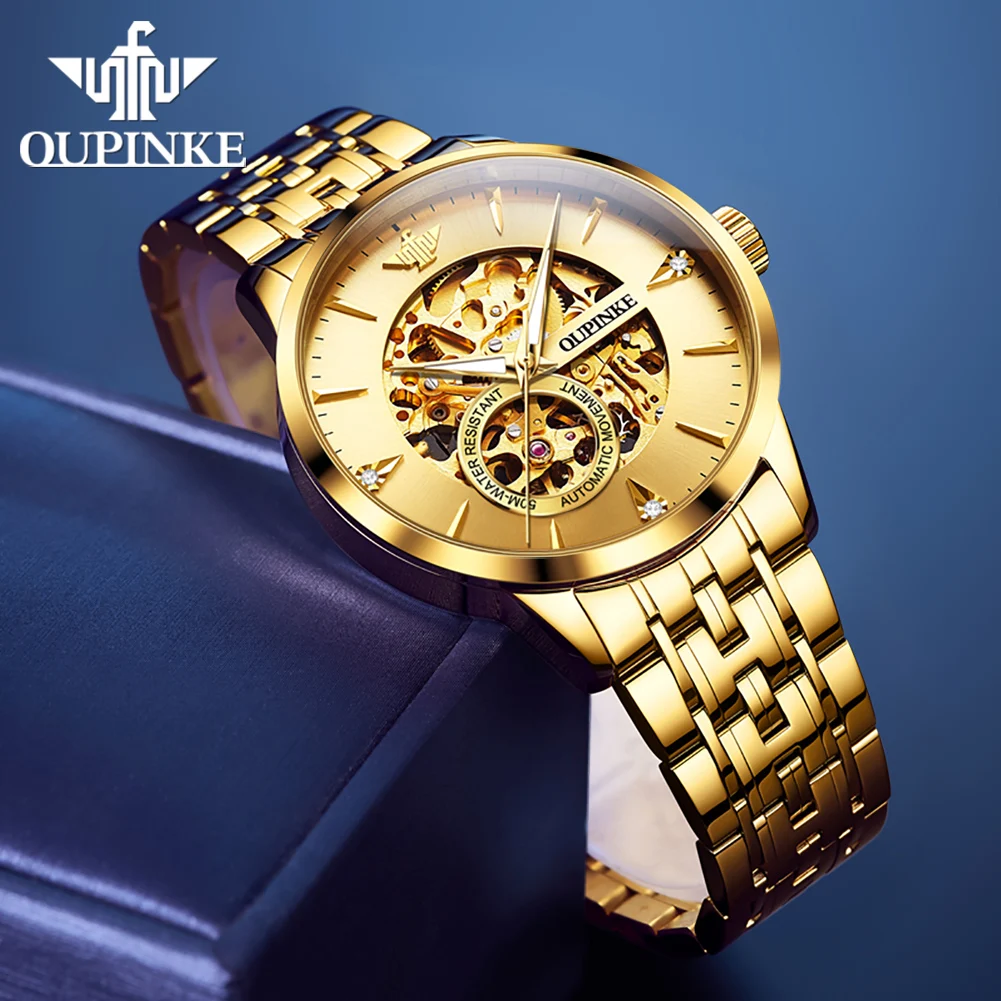OUPINKE 3308 ساعات ميكانيكية أوتوماتيكية للرجال مستوردة من اليابان حركة مجوفة مينا ذهبي ساعة رجالية فاخرة