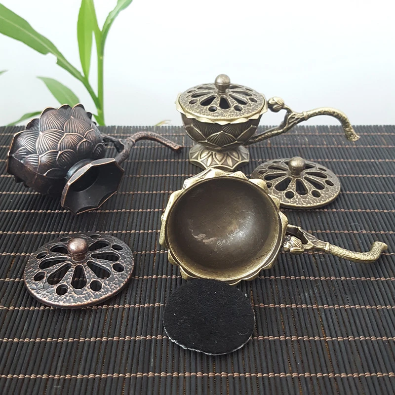 Lotus Flower Incense Burner With Handle Retro Lotus Hollow Out Incense Stick Burner Small Metal Craft Home Decor