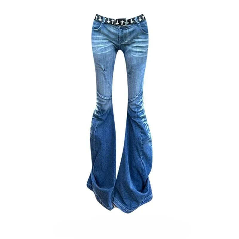 American Vintage Distressed Washed Pleated Full Length Jeans Women Streetwear Bodycon Pants Y2k Retro Fit 2000s Hot Girl