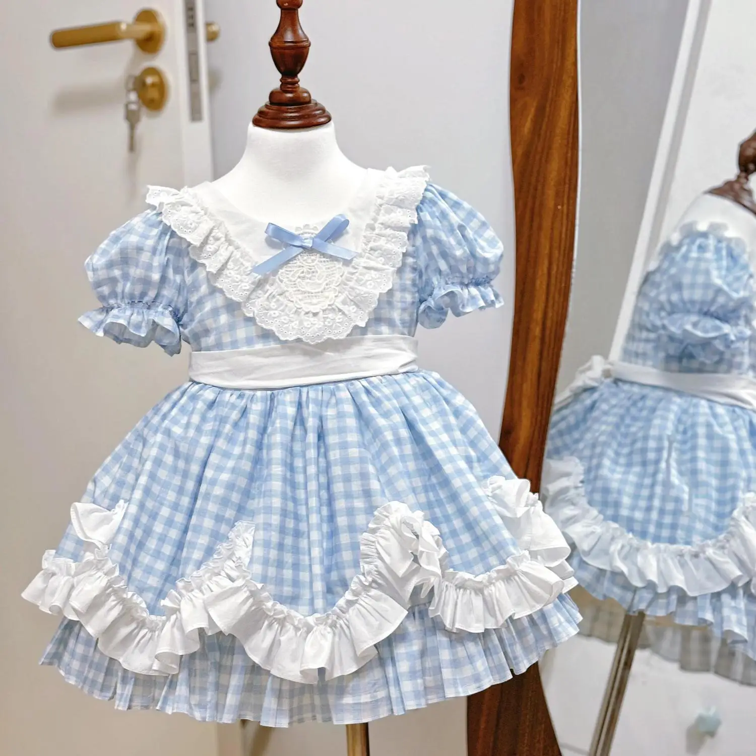Summer Girls Korea Birthday Lace Blue Cute Plaid Wedding Ball Gown Bow Party Dress Princess Floral Baby Children Lolita Skirts